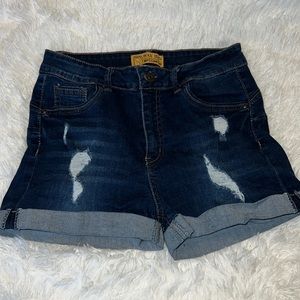 High waisted, distressed, dark wash jean shorts size medium